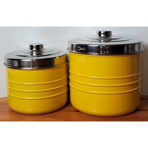Vintage Pier 1 One Retro Diner Yellow‎ Chrome Silver Metal Nesting Canister Set